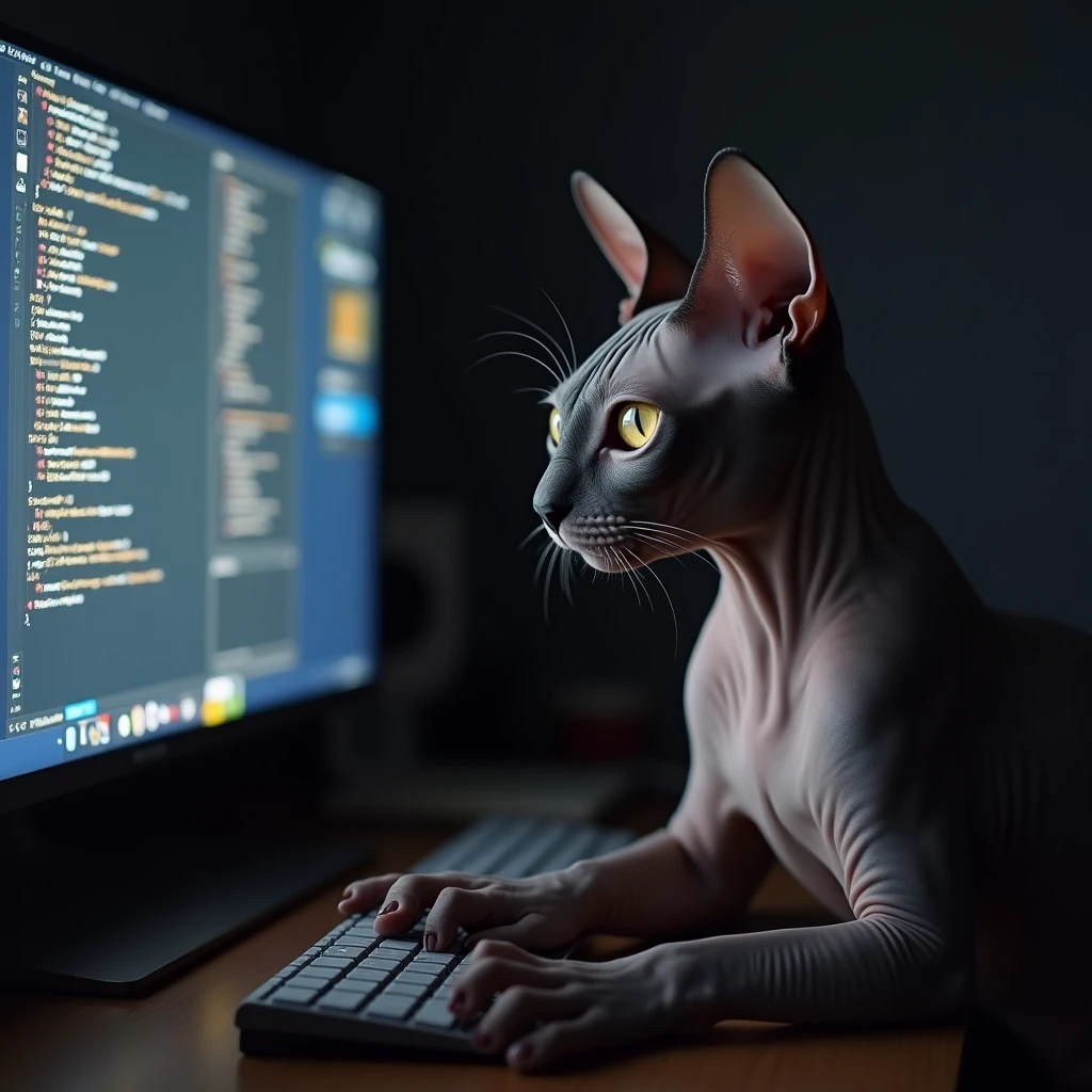 Make a cat of the Sphynx breed that sits at the monitor and types on the keyboard dark gray with little eyes