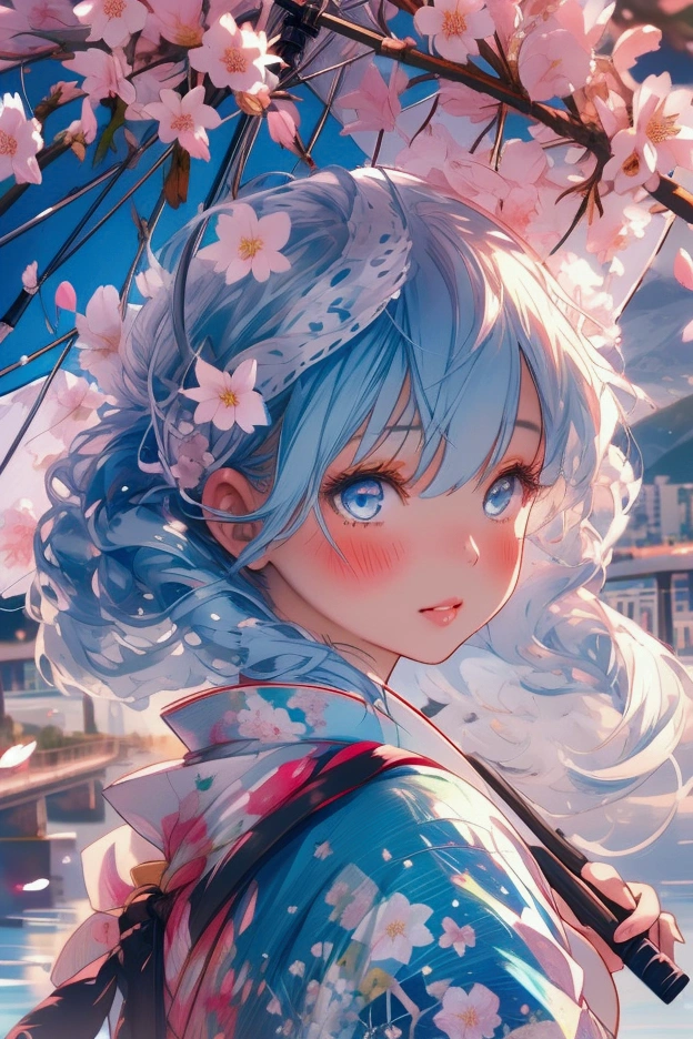 an anime girl by a river with mountains in the background, outdoors, (girl:1.1), light blue hair, blue eyes, japanese clothes, solo,(spring:1.2), holding umbrella, umbrella, holding, calm atmosphere, cherry blossoms, blue kimono, looking at viewer, river, mountain, blush, flower, bridge, hair ornament, bangs, sash, day, tree, obi, (best quality:1.2), (ultra-detailed), (realistic:1.37), oil painting, portraits, vivid colors, soft pastel tones, stunning lighting, dreamy ambiance, delicate petals