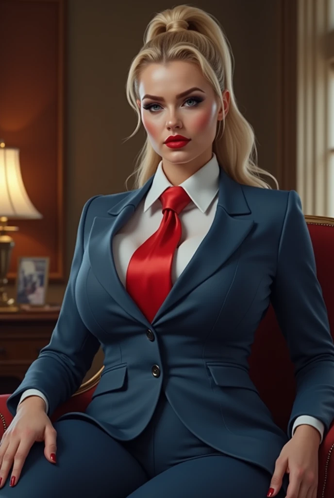 (photorealism:1.2), beautiful woman, a massive curvy woman with blonde ponytail red lips wearing a perfect light navy blue suit with a thick red tie large collar thin face  large breasts. sitting in a chair in her office,