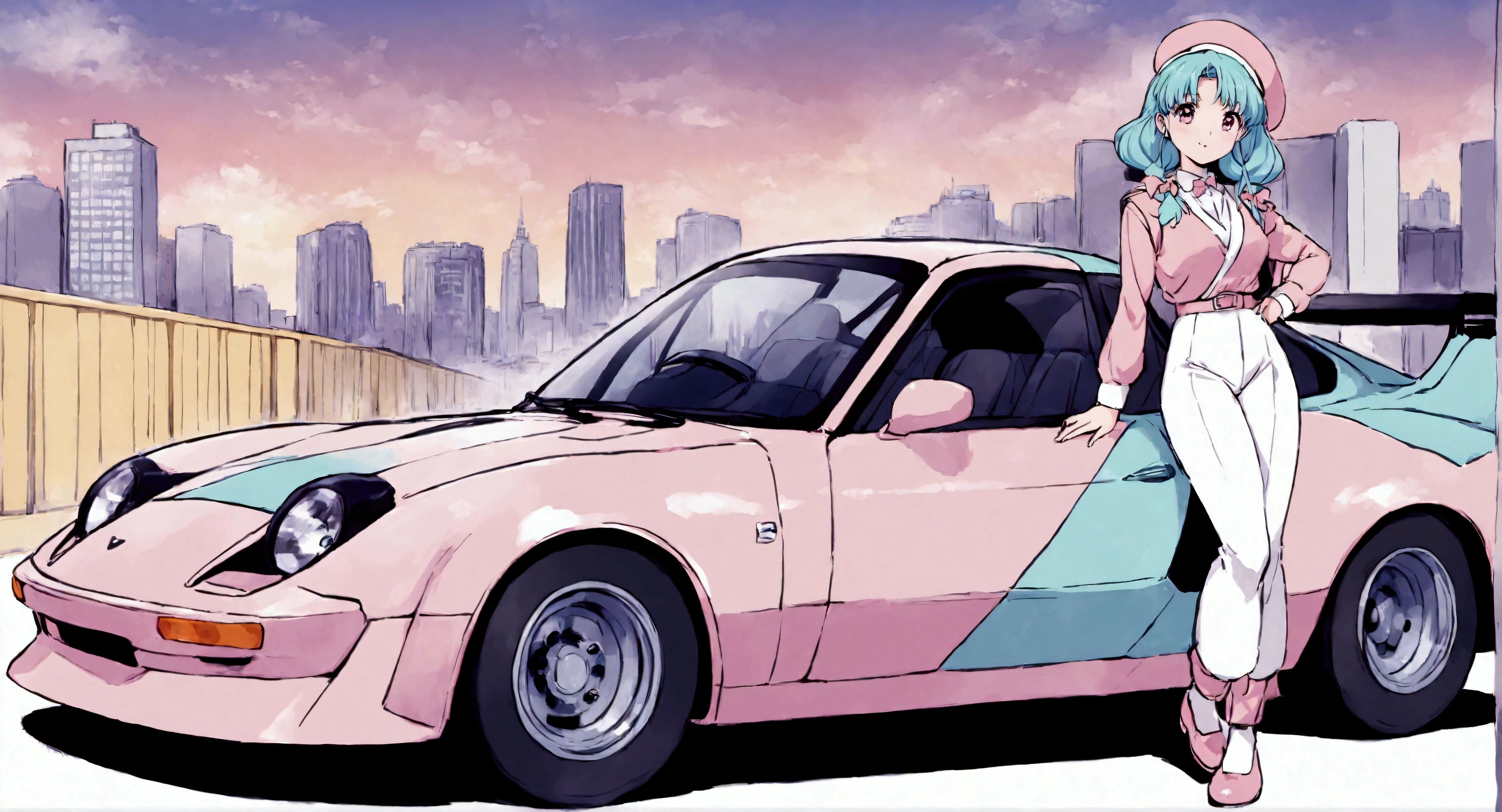 Anime Cute Japanese woman 80s ,Pastel,City Pop ,Racing car
