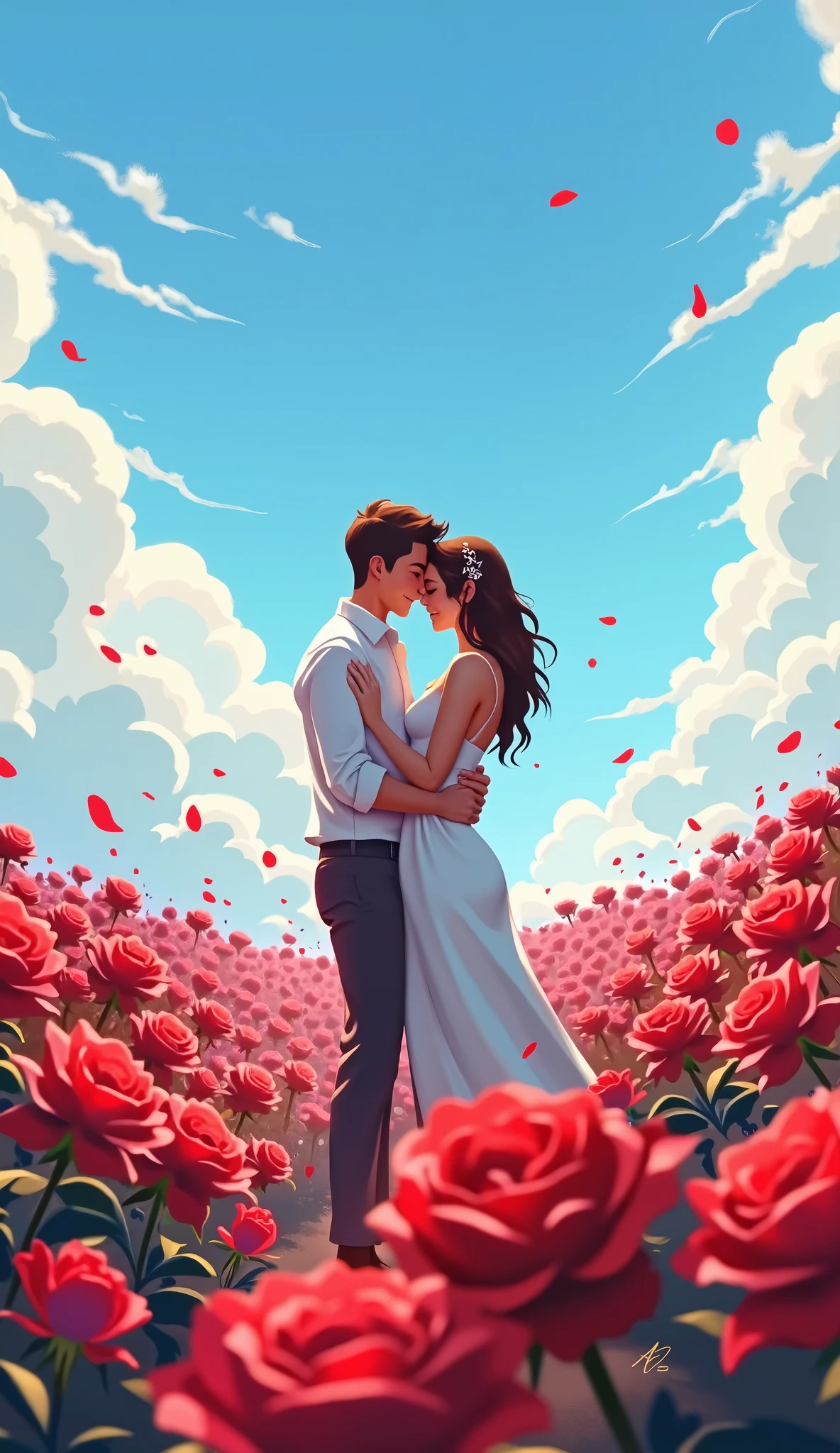 In a romantic atmosphere,Couple cuddling,Stroll through the Sea of Roses,Under the blue sky and white clouds,Feel the romantic theme of Valentine's Day。