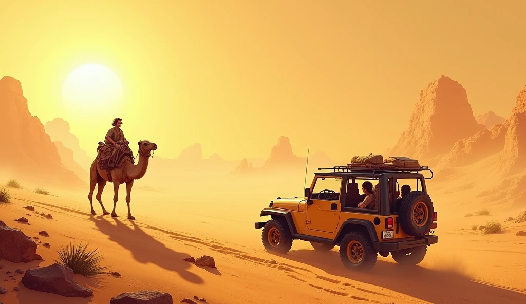 Desert camel and jeep with people