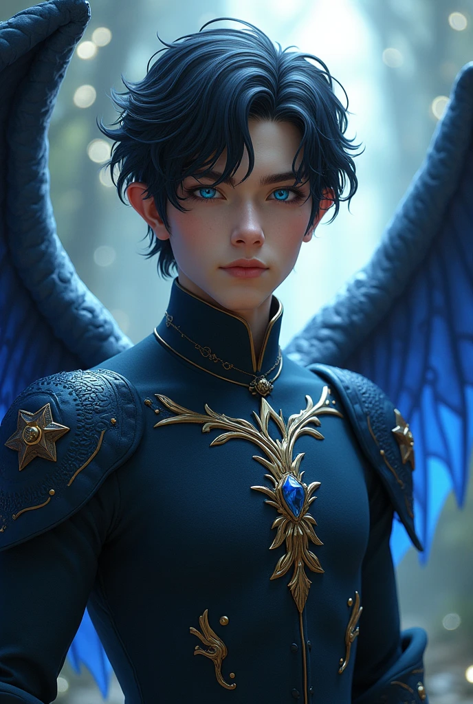 Man, blue eyes, black hair, fae, wings, strong, prince, Young adult, no facial hair