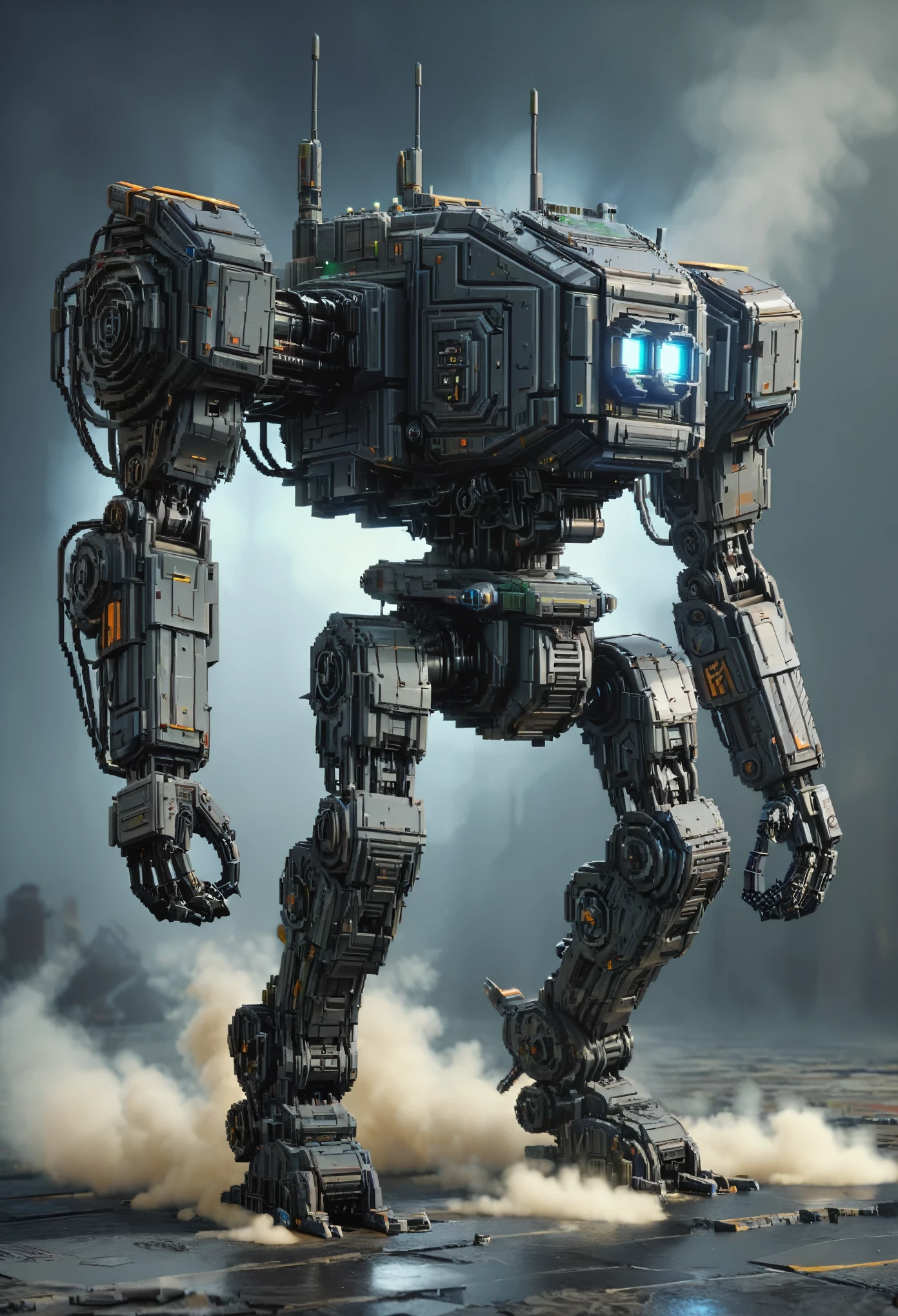 a large voxel spider robot, war machine, legs, shields, cold steel, laser gun, short range ballistic missile launcher, long range missile launcher on its back, pixel art, final boss fight, highly detailed, cinematic lighting, dramatic angles, grungy, dystopian, vibrant colors, volumetric fog, depth of field, hyper-realistic, intricate mechanical details, glowing energy effects, battle-damaged, epic scale, imposing presence, dramatic pose, powerful, intense, awe-inspiring, bluish gray