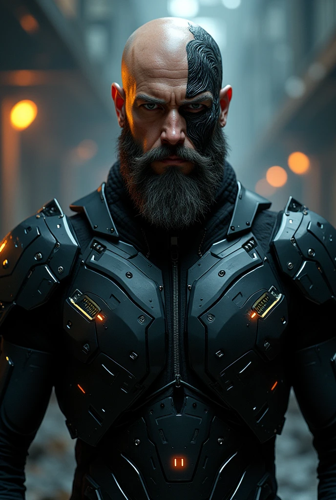 Hairless bearded man with black armor avatar mode