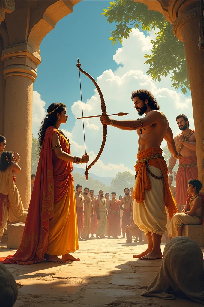 Sita's Swayamvara: Ram breaking the bow at Sita's swayamvara and their marriage.