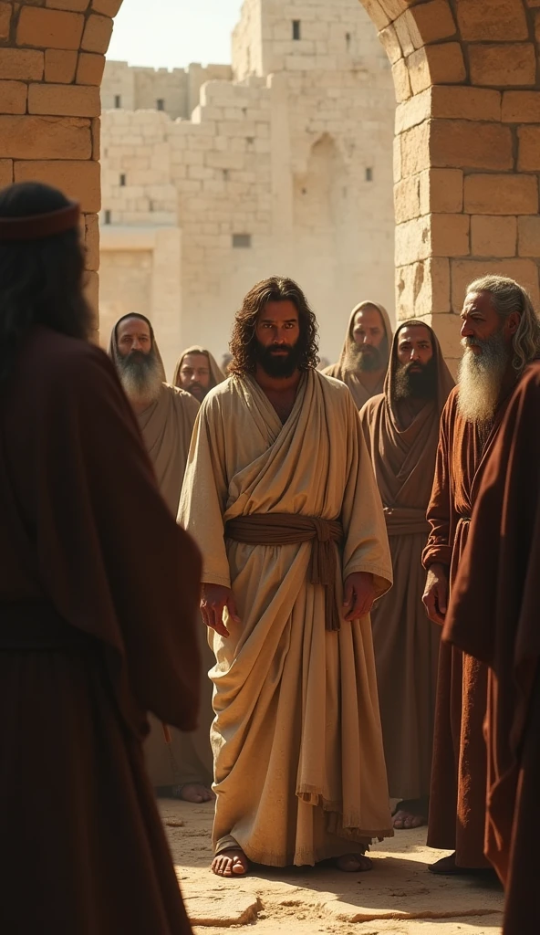 "Jesus facing the angry authorities, wearing simple robes, 1st century, the authorities furious over His actions in the Temple, ancient Jerusalem, a tense confrontation, the stern faces of the leaders in the background, hyper-realistic, photo realism, cinematography -- ar 9:16"