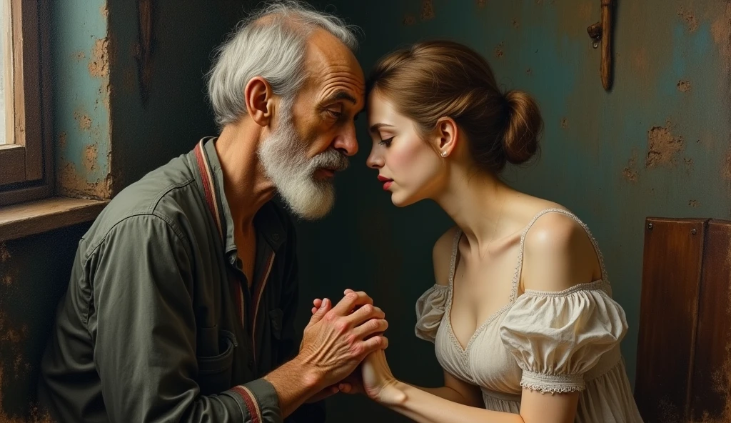 Russian 1914 oil painting creative dirty old man and young lady hands