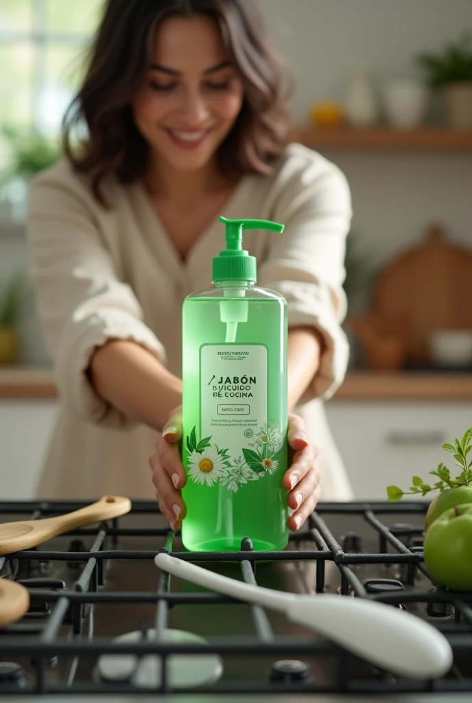 Create a liquid soap for the kitchen, that is on top of a dishwasher , , In addition to being biodegradable, let it be green , and that a mother is holding him, and that it is surrounded by kitchen utensils and that it says liquid kitchen soap written in Spanish 
