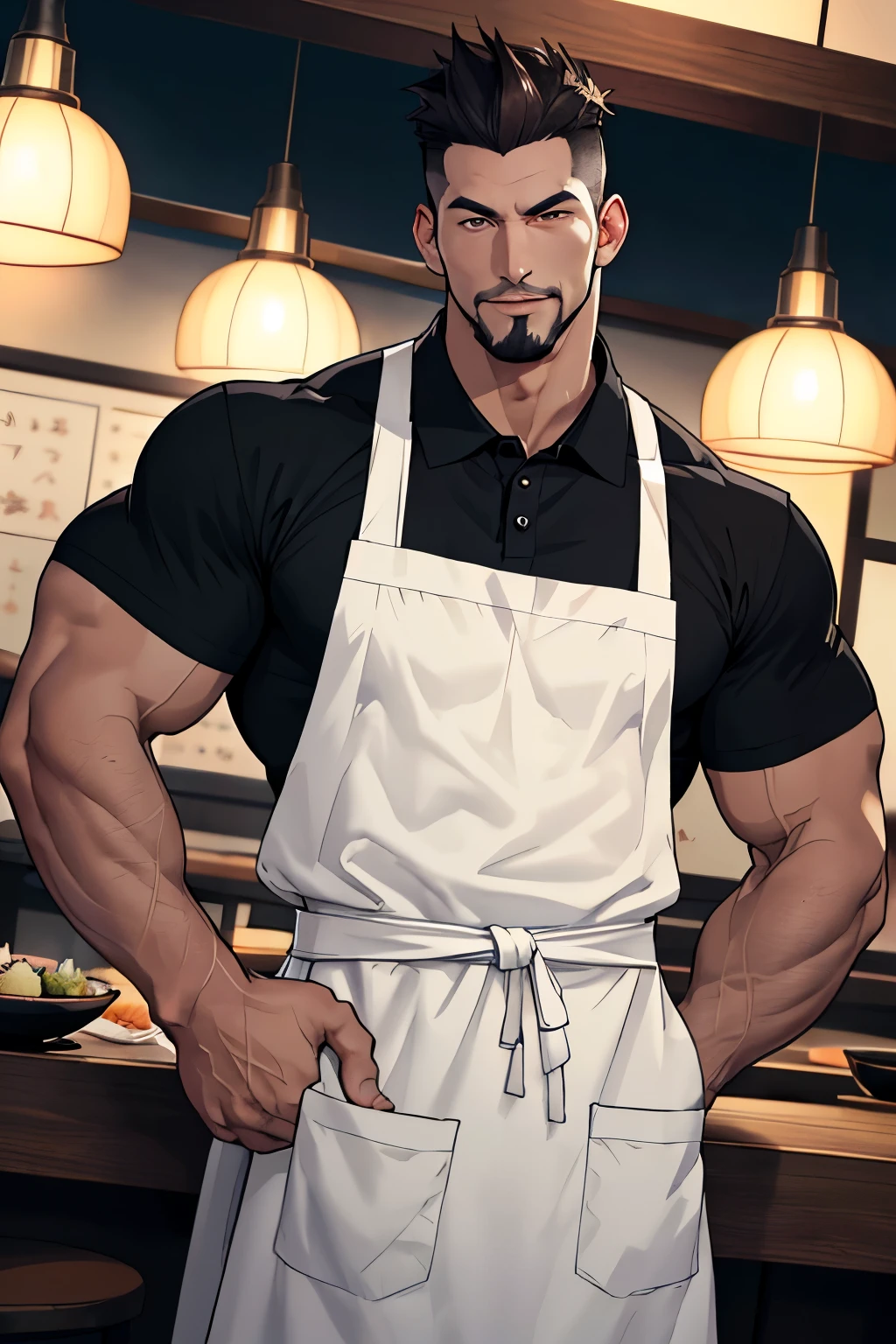 1 tall man 30 years old frontal photo with defined muscular body, penis bulge showing under apron, wearing white apron, under the apron he wears a black polo shirt. His appearance is Latin-Asian, wears a goatee, must have a strong jaw, Straight Nose, and a gentle and seductive look. The hair is black, short spiky hair, dark brown eyes serious, in a sushi restaurant setting, it is lit at night, he is preparing sushi (dynamic angle)