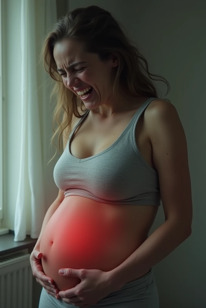 A woman with a stomachache with more pain with a lot of pain until she writhes and her belly is growing, growing a lot