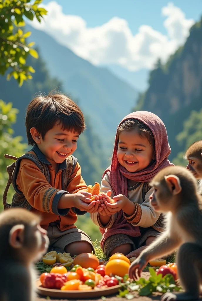 Kids are goving food to monkeys on nothern areas of pakistan and feeling happy