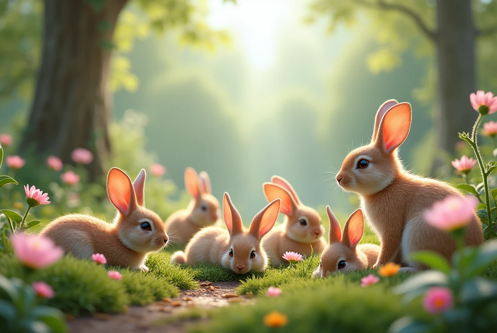 Create a captivating, hyper-realistic AI-generated artwork of rabbits in their natural habitat. The rabbits should be depicted in a natural setting, such as a forest, meadow, or garden. Showcase the rabbits in various poses, such as resting, playing, or foraging, with a focus on their detailed features like soft fur and expressive eyes. The scene should reflect the natural beauty of their habitat, including elements such as vegetation, flowers, and varied terrain. Use natural colors to depict the rabbits and their surroundings, highlighting the harmony between them. The lighting should be soft and diffuse, reflecting the natural light of the environment and enhancing the textures and details of the scene. The style should be hyper-realistic yet artistic, focusing on the rabbits' distinctive features and the serene beauty of their habitat. The final artwork should be high-resolution and visually striking, capturing the majesty and authenticity of the rabbits in their natural setting.