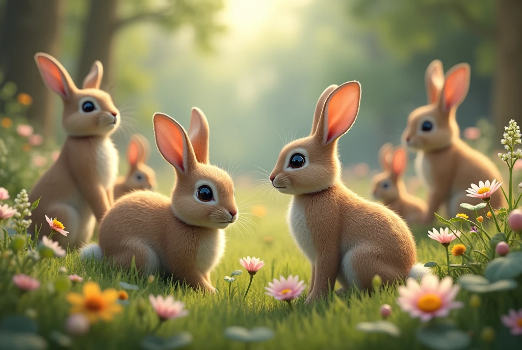 Create a captivating, hyper-realistic AI-generated artwork of rabbits in their natural habitat. The rabbits should be depicted in a natural setting, such as a forest, meadow, or garden. Showcase the rabbits in various poses, such as resting, playing, or foraging, with a focus on their detailed features like soft fur and expressive eyes. The scene should reflect the natural beauty of their habitat, including elements such as vegetation, flowers, and varied terrain. Use natural colors to depict the rabbits and their surroundings, highlighting the harmony between them. The lighting should be soft and diffuse, reflecting the natural light of the environment and enhancing the textures and details of the scene. The style should be hyper-realistic yet artistic, focusing on the rabbits' distinctive features and the serene beauty of their habitat. The final artwork should be high-resolution and visually striking, capturing the majesty and authenticity of the rabbits in their natural setting.