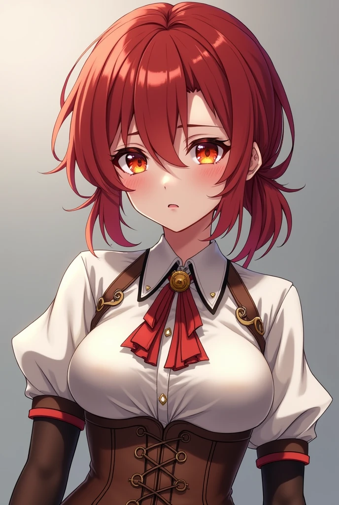 female, cherry-red hair, low bun, middleparting pony, orange eyes, serious, anime, genshin impact, white blouse, brown corset, white fluffy sleeves, brown gloves