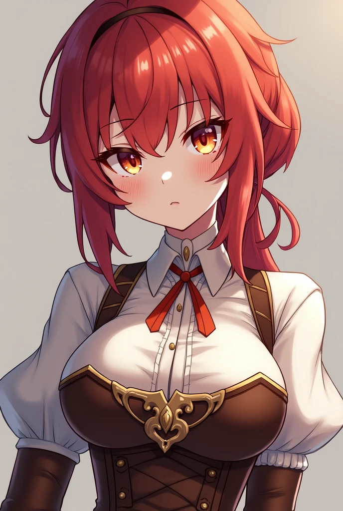 female, cherry-red hair, low bun, middleparting pony, orange eyes, serious, anime, genshin impact, white blouse, brown corset, white fluffy sleeves, brown gloves