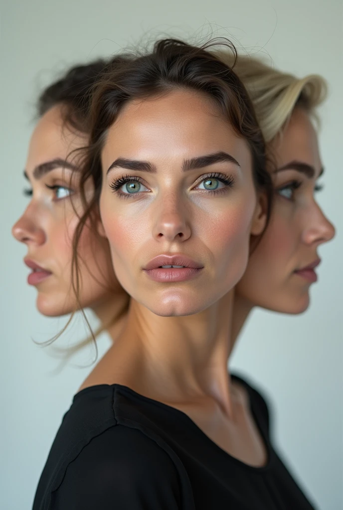 Show three photos in one photo ie 60 years old, 40 years old and finally 20 years old same women in three photos one behind the other 20 years old on the front