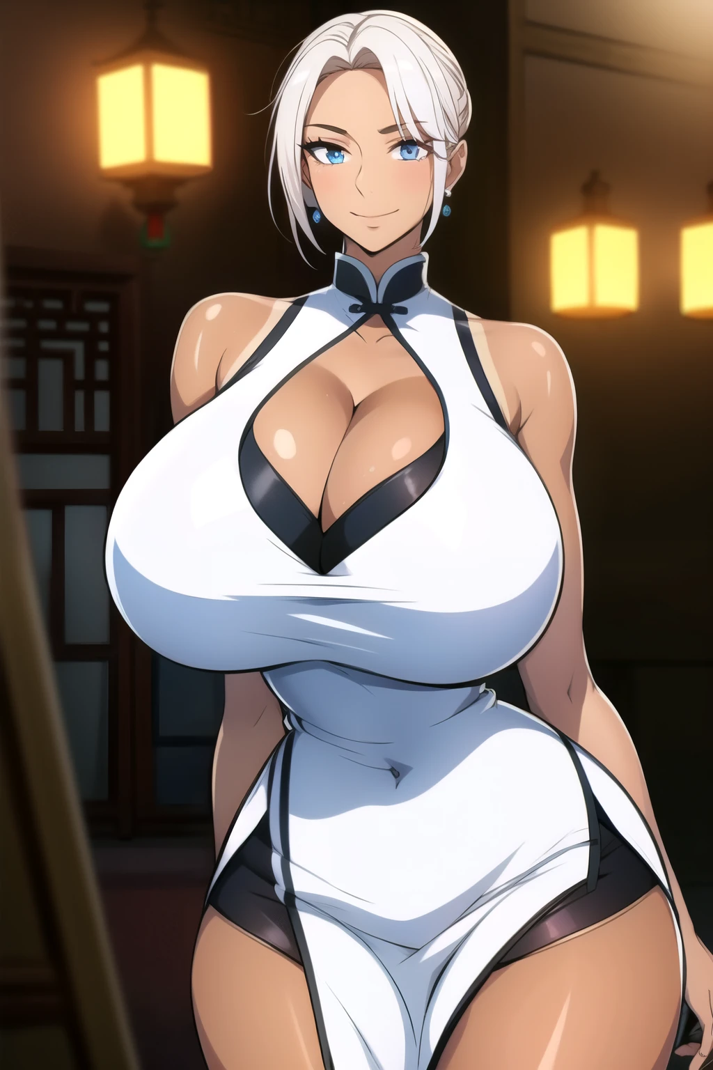 masterpiece, best quality, absurdres, 8k, perfect shadows,perfect lighting,hdr, ambient lighting, cowboy shot,shiny skin,skindentation, beautiful body, NamiFinal, (white hair : 1.4), short hair, blue eyes,  (((chinese dress:1.1), cleavage, , curvy, midriff, curvy, thighs, higheels, shiny clothes) , jewelry earrings,tight fit, complex detailed background, inside, luxury palace) (gigantic breasts,hourglass body, thin waist,very slim waist)extremely detailed face,detailed eye makeup, detail face, nice detailed eyes,nice hands, perfect hands (realistic pupils,realistic iris:1) heavy eye makeup,glowing eyes, Bright eyes,standing,standing at attention,(seductivel smile), (gigantic breasts: 1.1), curvy, (( tan skin: 1.1)), (( tan face: 1.1))