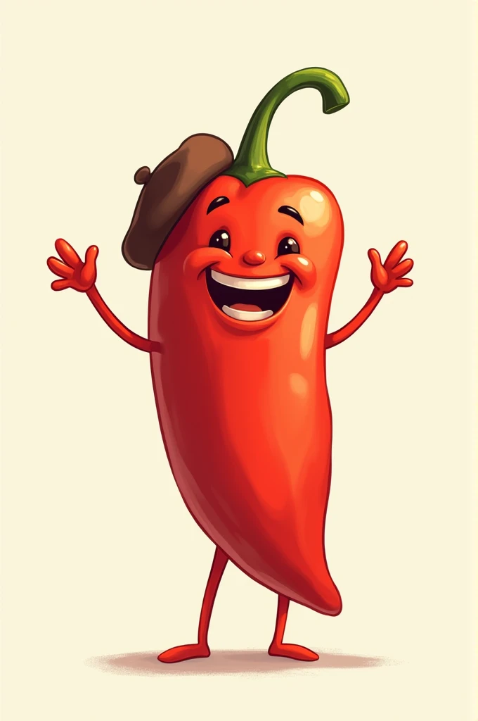A red chili with arms, legs and face, with a beret on your head do it like a 2d drawing