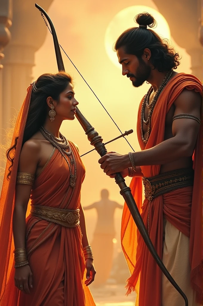 Sita's Swayamvara: Ram breaking the bow at Sita's swayamvara and their marriage.