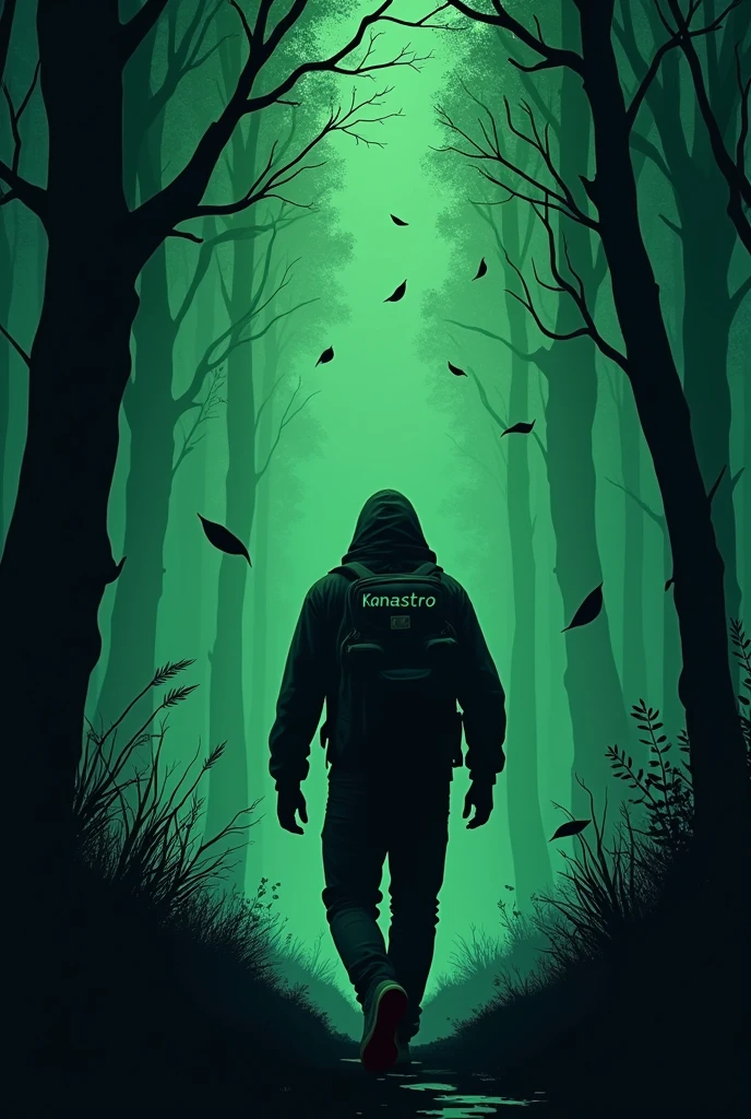 The image shows a dark, stylized scene of a strong, hooded male figure with a backpack, Walking in a forest at night. The background is predominantly green, with silhouettes of trees and black vegetation in contrast. The atmosphere is mysterious and unsettling, with leaves slowly falling around the figure. The art has a graphic style, with strong contrasts between light and shadow, capturing a sense of suspense with the name KANASTRO written in a way that matches the environment
