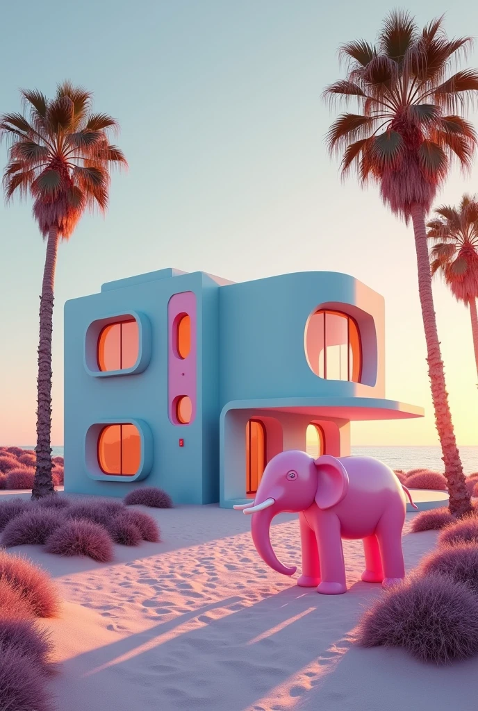 gambarkan Rumah cybergalactic retro futurism warna baby blue, pantai, pohon kelapa, baby pink elephant statue, sunset, VHS effect, pastel color palette.