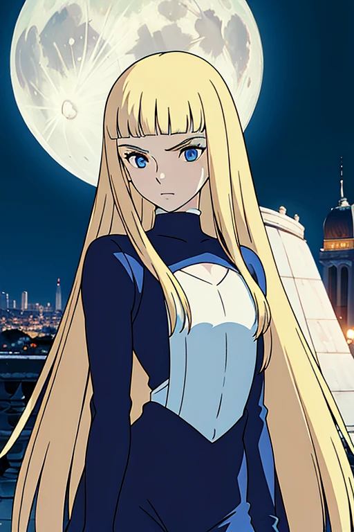 masterpiece, Highest quality, (alone focus), (Perfect Face:1.1), (Attention to detail:1.1), (Ultra-detailed eyes), dramatic, (1 person:0.5), (Pale skin), Long blonde hair, Psychic Eyes, (Thin eyebrows), alone, Long Hair, Jordan Barrett, moon, night, White luxury suit, Covered navel, Pouting, fur, Proud look, Future City, Detailed Background, Art by artgerm, Cinema Lighting, rose, fashion, Balenciaga Style