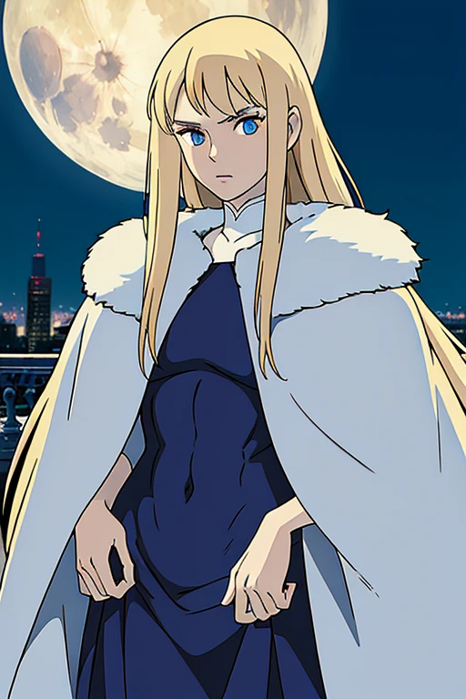 masterpiece, Highest quality, (alone focus), (Perfect Face:1.1), (Attention to detail:1.1), (Ultra-detailed eyes), dramatic, (1 person:0.5), (Pale skin), Long blonde hair, Psychic Eyes, (Thin eyebrows), alone, Long Hair, Jordan Barrett, moon, night, White luxury suit, Covered navel, Pouting, fur, Proud look, Future City, Detailed Background, Art by artgerm, Cinema Lighting, rose, fashion, Balenciaga Style