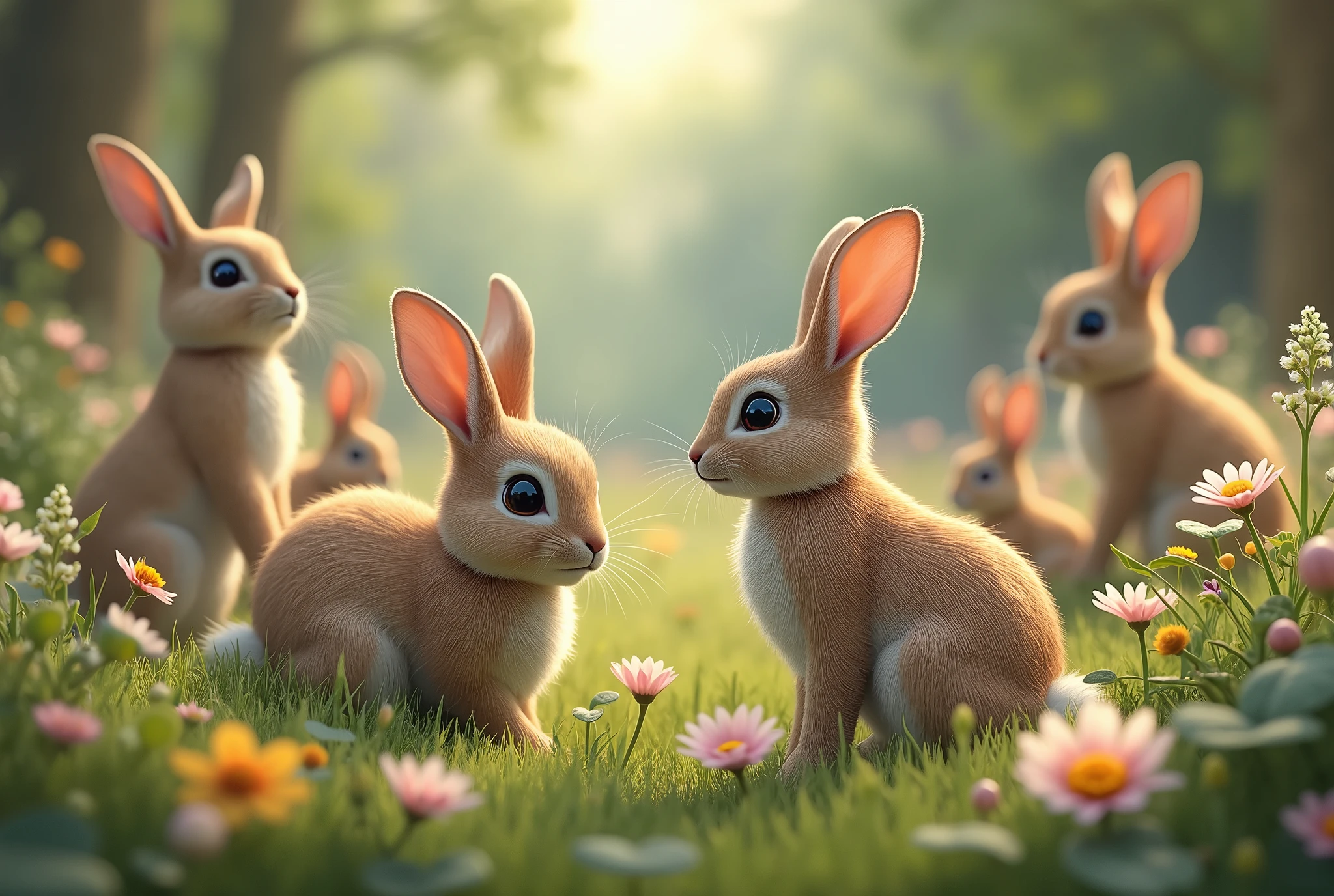 Create a captivating, hyper-realistic AI-generated artwork of rabbits in their natural habitat. The rabbits should be depicted in a natural setting, such as a forest, meadow, or garden. Showcase the rabbits in various poses, such as resting, playing, or foraging, with a focus on their detailed features like soft fur and expressive eyes. The scene should reflect the natural beauty of their habitat, including elements such as vegetation, flowers, and varied terrain. Use natural colors to depict the rabbits and their surroundings, highlighting the harmony between them. The lighting should be soft and diffuse, reflecting the natural light of the environment and enhancing the textures and details of the scene. The style should be hyper-realistic yet artistic, focusing on the rabbits' distinctive features and the serene beauty of their habitat. The final artwork should be high-resolution and visually striking, capturing the majesty and authenticity of the rabbits in their natural setting.