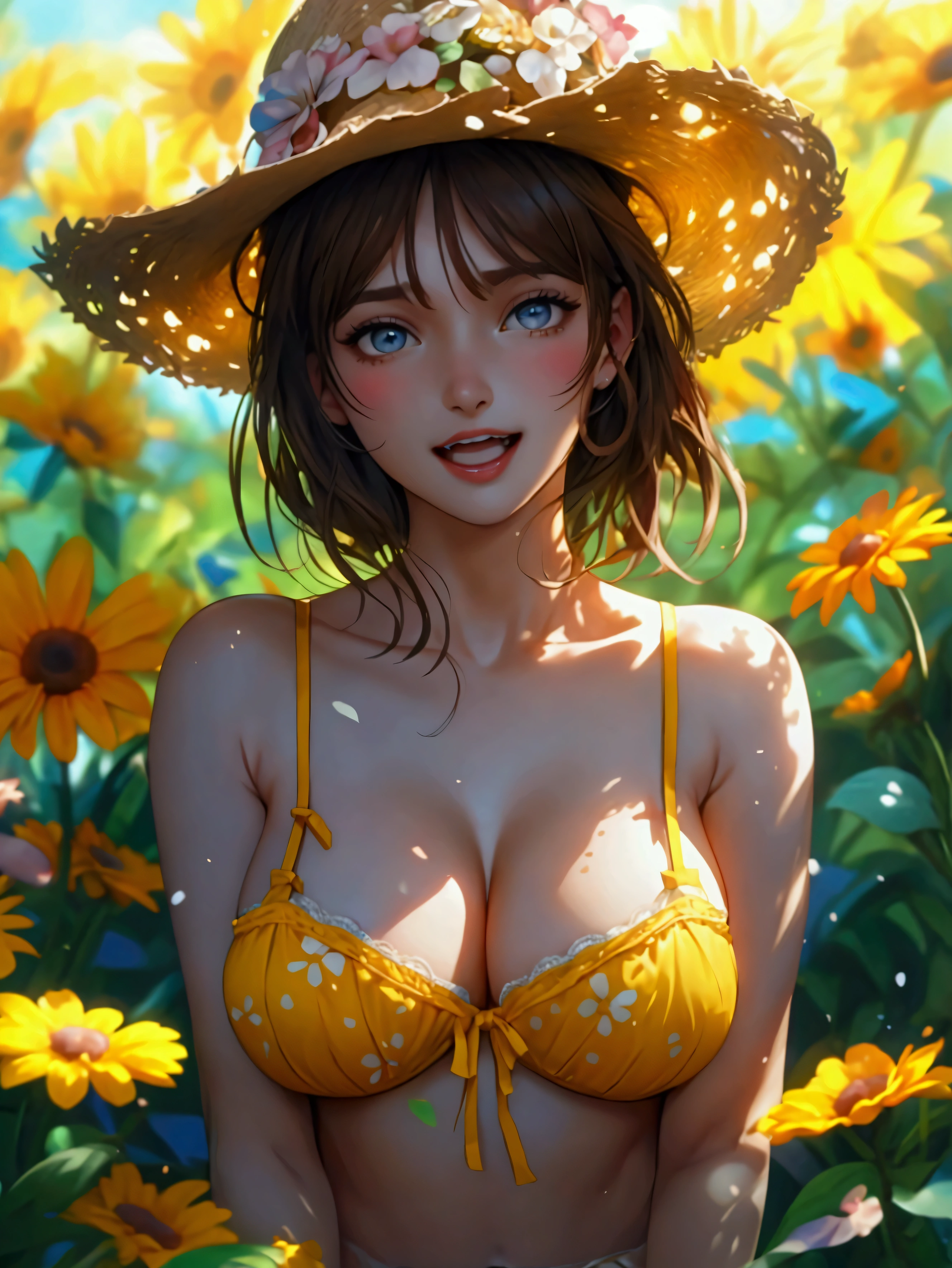 In a flower garden there is big girl, big :1.4, big b wearing yellow floral print sexy bra and pan curly hail fng in the air, sunshine ober her head, uhd, 30 yrs old girl, mature, sexy, mature femuropean l,1giro, Open Mouth, Blue eyes, Brown Hair, Hair Between Eyes, Cowboy Shot, Teeth, from front, straight body, Depth Of Field,