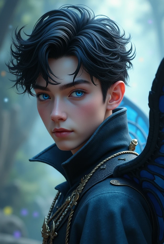 Man, blue eyes, black hair, fae, wings, strong, prince, Young adult, no facial hair