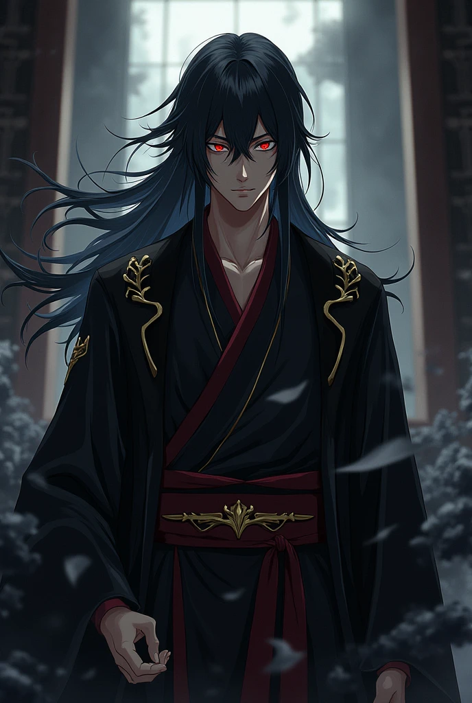 anime style, male , cold , villain , long black hair, crimson eyes , black kimonno with golden strips , dark souls like backgroung
