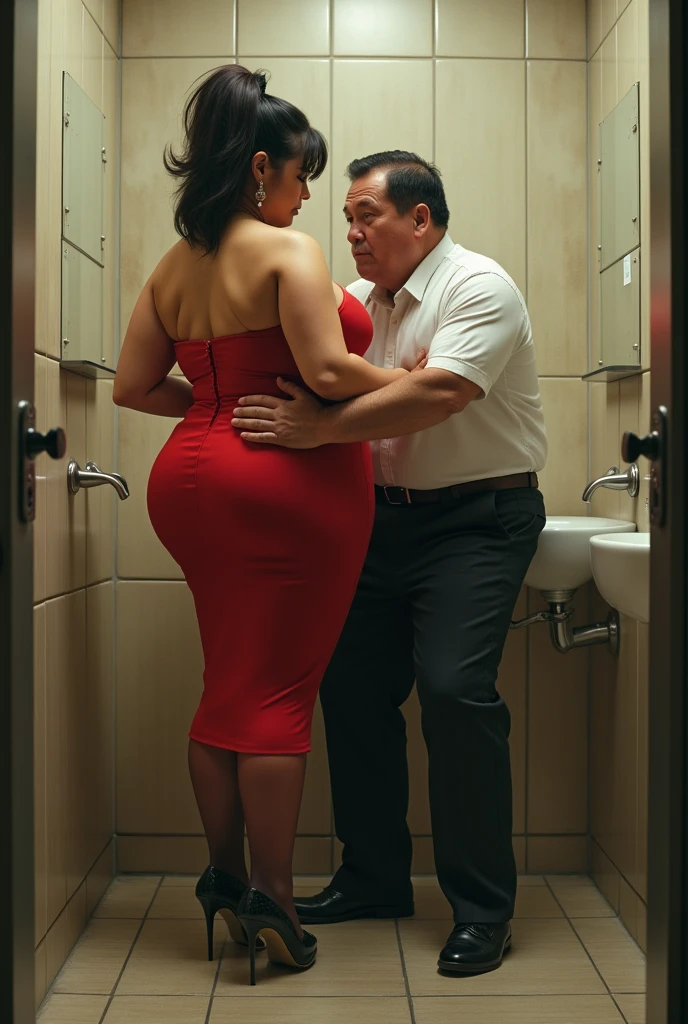 software, extremely Realistic, graphic, masterpiece, (A detailed scenario of an restroom), (Detailed background of an restroom), standing large voluptuous Italian (Woman 1), ((long pensil skirt)), ((extra huge tits)), ((Big Ass)), ((Thick thighs)), ((pantyhose)), (high heels), (disdain expression), Blushed, small middle-aged man ass groping Woman 1 from behind, ((man is ugly short Japanese)), (((man pressing his chest on Woman 1 back))) and (((Hold her back by her waist)))
