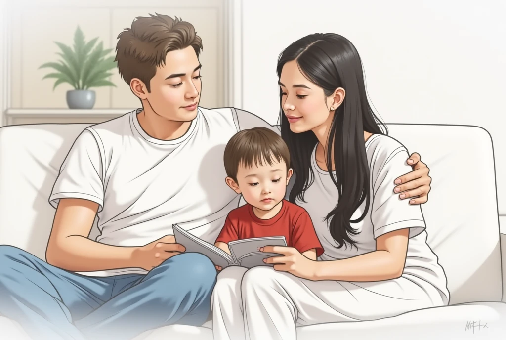 High Resolution, Short Hair, Masterpiece, Best Quality, Detail, High Details, HD, Textured Skin. a 2 wife, short black hair, white skin, wearing a white t-shirt, height: 155 cm, weight: 45 kg. A 30 year old husband, short hair, white skin, wearing a white t-shirt, height: 160 cm, weight: 55 kg. A boy with short hair, white skin, wearing a red t-shirt. Husband and wife sitting next to their child. accompanying his child to read, on the sofa, in a simple house. husband and wife look at their child with love. Realistic photo