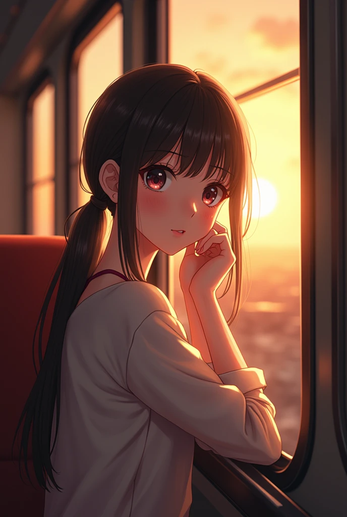 anime girl sitting on a train looking out the window, cute anime portrait, lofi portoRait at a window, Cute anime girl, lofi portoRait, lofi girl, anime portrait , non-style artwork by guweiz, high-quality portrait, with sunset, attractive anime girl, Cute anime girl, realistic painting of beautiful girl, anime styling. 8k