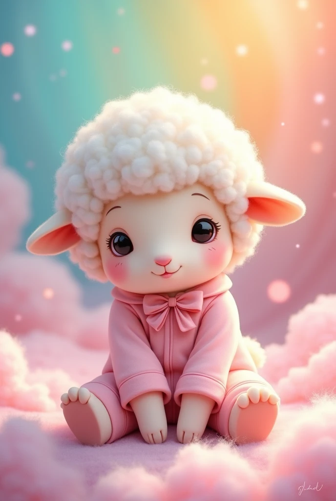 Little sheep sitting in pink pajamas with a bow, rainbow background