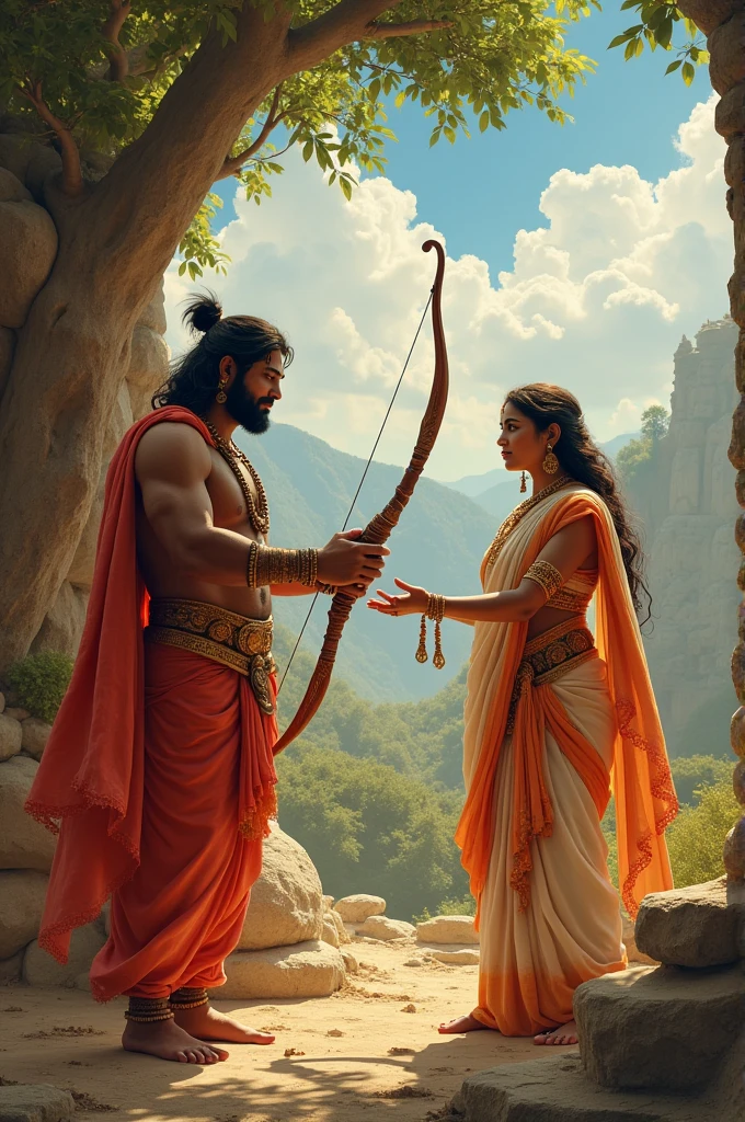 Sita's Swayamvara: Ram breaking the bow at Sita's swayamvara and their marriage.