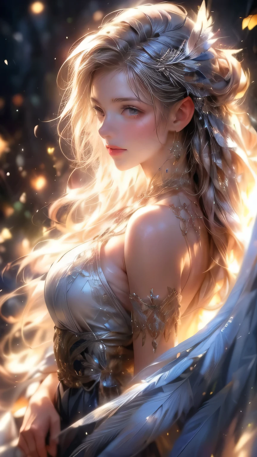 A beautiful detailed portrait of a woman with feathered accessories, intricate feather headdress, detailed facial features, expressive eyes, lush lips, delicate skin, ornate jewelry, dramatic lighting, cinematic composition, ethereal, fantasy, dreamlike, vibrant colors, rich color palette, chiaroscuro, oil painting, masterpiece