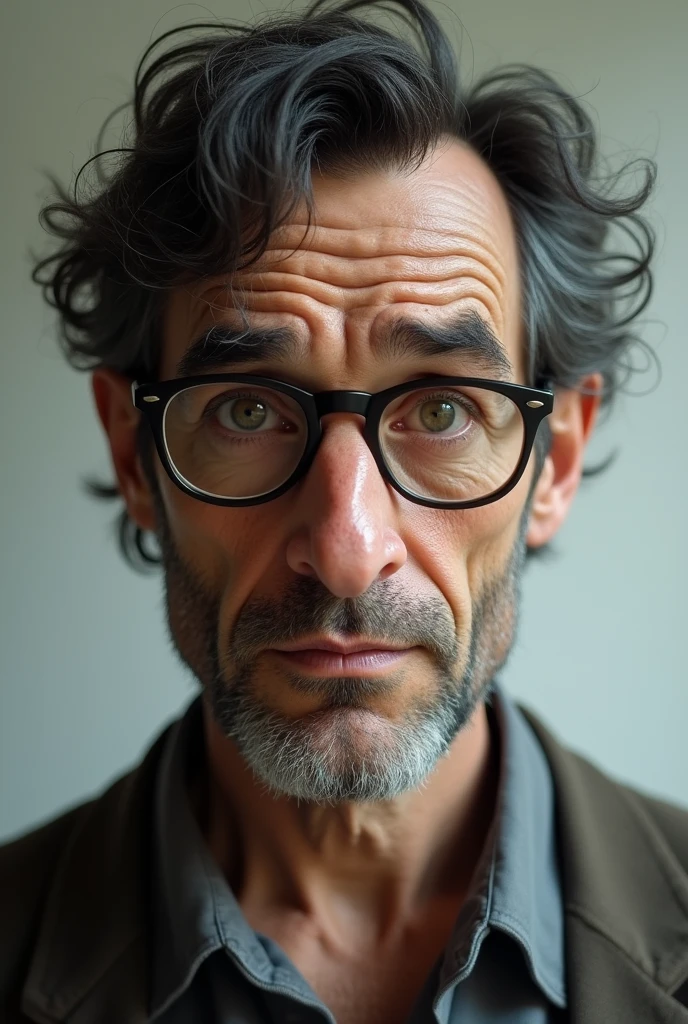 40 years old man with glasses. huge nose. skinny. dark hair. 