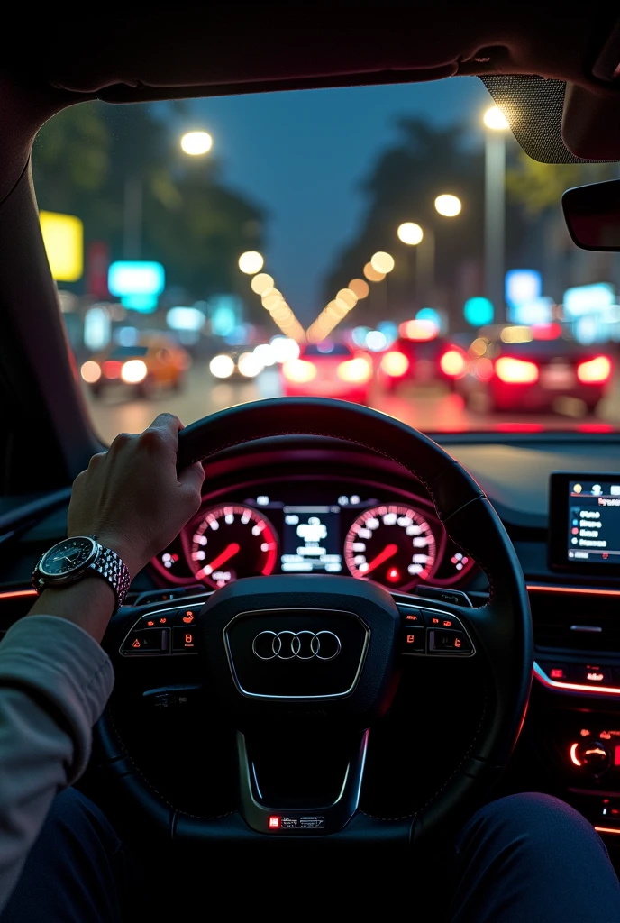 generate a photo with 100% reality%, The photo will be from inside an Audi in the first person camera, at night on the streets of São Paulo with traffic and only one hand on the steering wheel and a watch