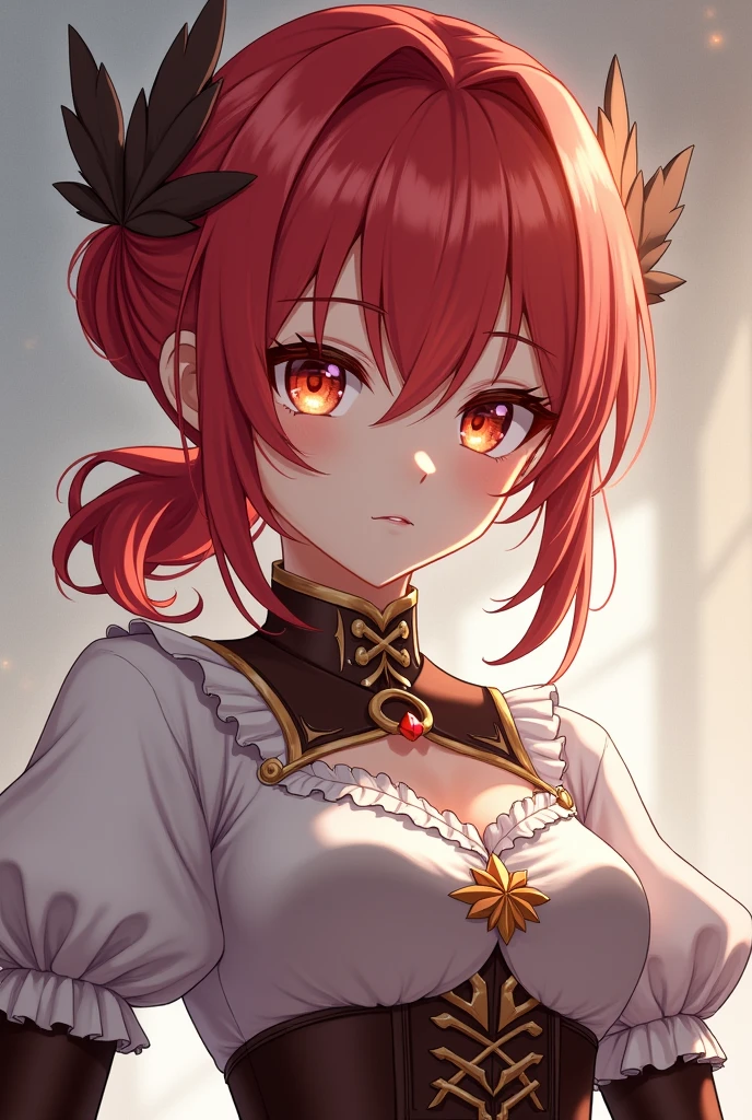 female, cherry-red hair, low bun, middleparting pony, orange eyes, serious, anime, genshin impact, white blouse, brown corset, white fluffy sleeves, brown gloves