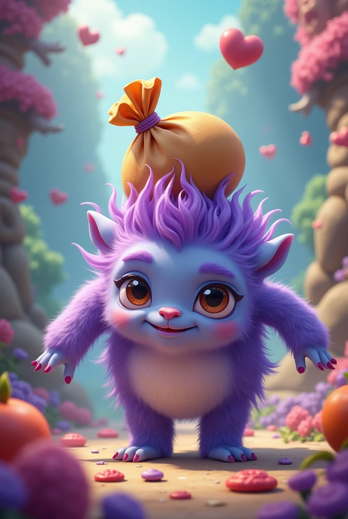 The cute little purple-haired monster accidentally knocked a bag out of his head
