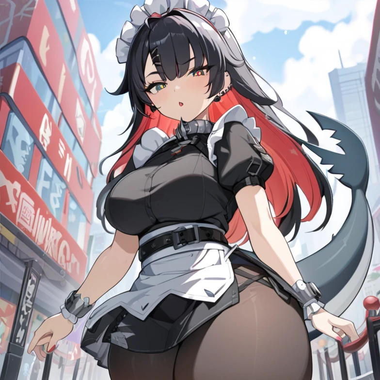 ellenjoe, ellen joe, black hair, colored inner hair, multicolored hair, (one red eye:1.3), red hair, two-tone hair, BREAK bapron, black pantyhose, black shirt, black skirt, ear piercing, fins, fish tail, maid, maid apron, maid headdress, pantyhose, piercing, puffy short sleeves, puffy sleeves, shark girl, shark tail, shirt, short sleeves, skirt, tail, two-tone hair, wrist cuffs, BREAK outdoors, city, sky, clouds, sun, park BREAK looking at viewer, (cowboy shot:1.5), BREAK (masterpiece:1.2), best quality, high resolution, unity 8k wallpaper, (illustration:0.8), (beautiful detailed eyes:1.6), extremely detailed face, perfect lighting, extremely detailed CG, (perfect hands, perfect anatomy) hourglass figure thick thighs wide hips 