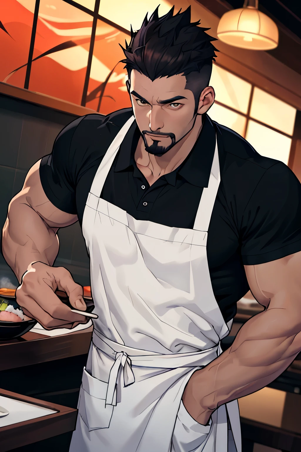 1 tall man 30 years old frontal photo with defined muscular body, genital protuberance showing under the apron, wearing white apron, under the apron he wears a black polo shirt. His appearance is Latin-Asian, wears a goatee, must have a strong jaw, Straight Nose, and a gentle and seductive look. The hair is black, short spiky hair, dark brown eyes serious, in a sushi restaurant setting, it is lit at night, he is preparing sushi (dynamic angle) do different poses showing your sensuality