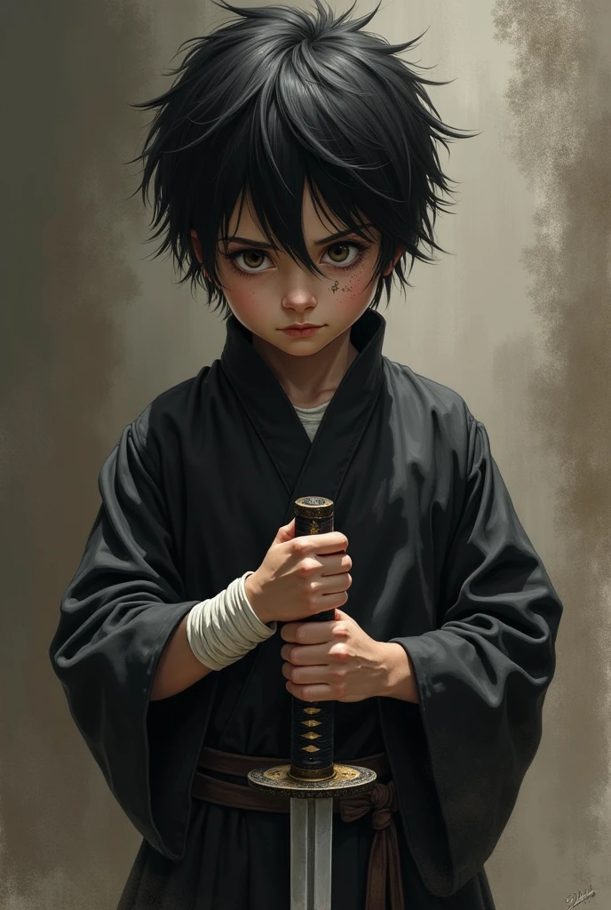 Create a drawing of a boy in black clothes, with an injury and a katana