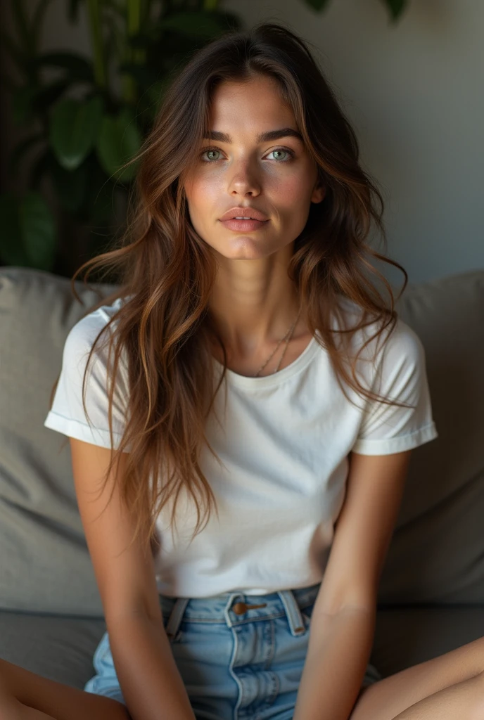 Une fille brune aux cheveux bouclés et aux gros seins est assise avec les jambes tendues, prendre une photo réaliste elle porte un teeshirt