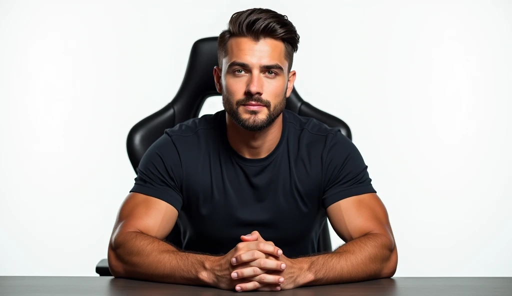 Create a hyperrealistic portrait of a confident, attractive man sitting at a desk with a white background. The man has a well-defined, muscular build with strong, masculine features, a short beard, and neatly styled wavy hair. He is wearing a fitted dark shirt that accentuates his physique. He is seated in a high-back gaming chair with a bold, modern design and sporty appearance. The man is leaning slightly forward with his hands clasped together in front of him, exuding a focused and professional demeanor. His eyes are clear and intense, adding to his direct and engaging expression. The background is plain white to draw attention to the man and the sleek gaming chair, creating a minimalistic and clean composition.