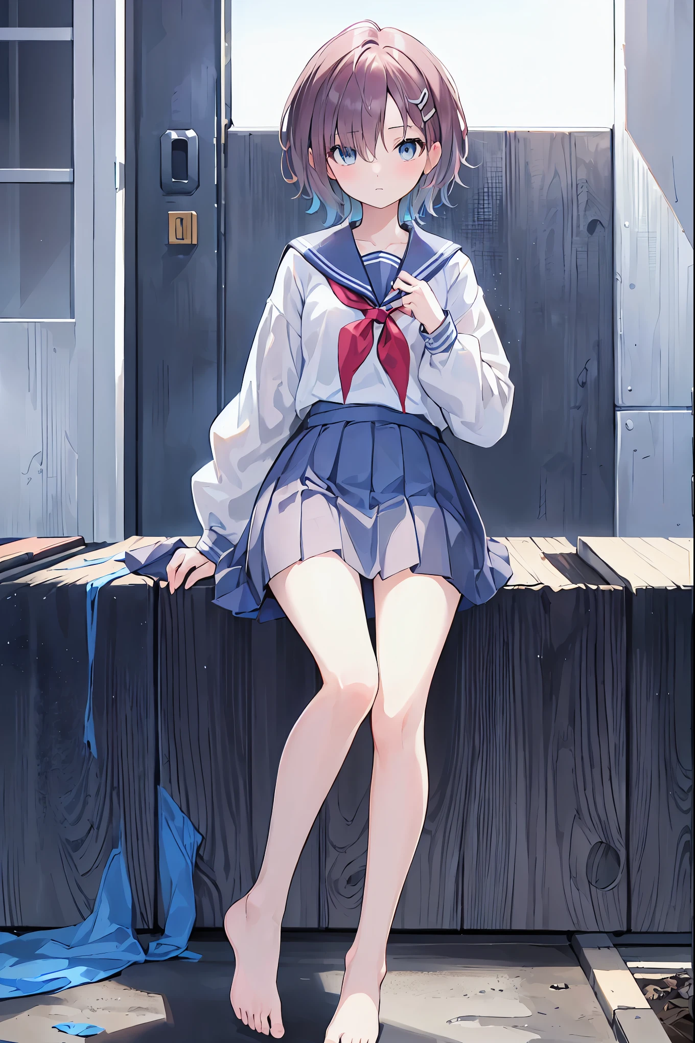 Brown Hair,Shortcuts,Messy Hair,Slender beauty,A dignified posture,Small chest,Beautiful feet,Highest quality, Anime Moe Art Style,Best Anime 8K Konachan Wallpaper,pixiv Contest Winner,Perfect Anatomy, (Please draw a girl walking sleepily to school.. ),break, One girl, (alone,,child,:1.3),high school student, short hair, amount, (Hair on one eye:1.4),Complete limbs, Full Finger,Medium chest, between legs, Small eyes,Her captivating grey-blue eyes shine like stars, Hair Clip, Sailor suit, skirt,Summer route to school. break,Very detailed,High resolution,Very detailed肌, Professional Lighting,8k eye detail, (Cute illustrations:1.2),