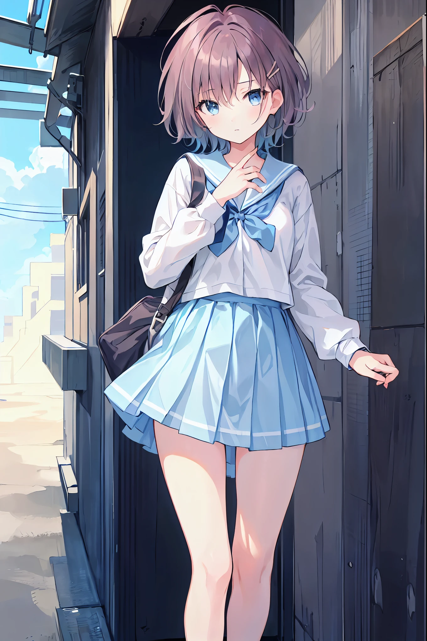 Brown Hair，Shortcuts，Messy Hair，Slender beauty，A dignified posture，Small chest，Beautiful feet，Highest quality, Anime Moe Art Style,Best Anime 8K Konachan Wallpaper,pixiv Contest Winner,Perfect Anatomy, (Please draw a girl walking sleepily to school.. ),break, One girl, (alone,,child,:1.3),high school student, short hair, amount, (Hair on one eye:1.4),Complete limbs, Full Finger,Medium chest, between legs, Small eyes,Her captivating grey-blue eyes shine like stars, Hair Clip, Sailor suit, skirt,Summer route to school. break,Very detailed,High resolution,Very detailed肌, Professional Lighting,8k eye detail, (Cute illustrations:1.2),