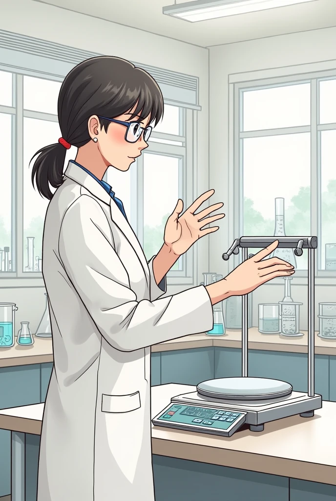 2D drawing of a teacher in the laboratory explaining the power-up, calibration and tare function on the scale.


